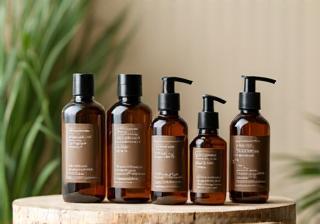 Bulk organic skincare bottles on table